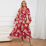 Women Date Dress Autumn Long Sleeve Lace Stand Collar Belt Long Dress