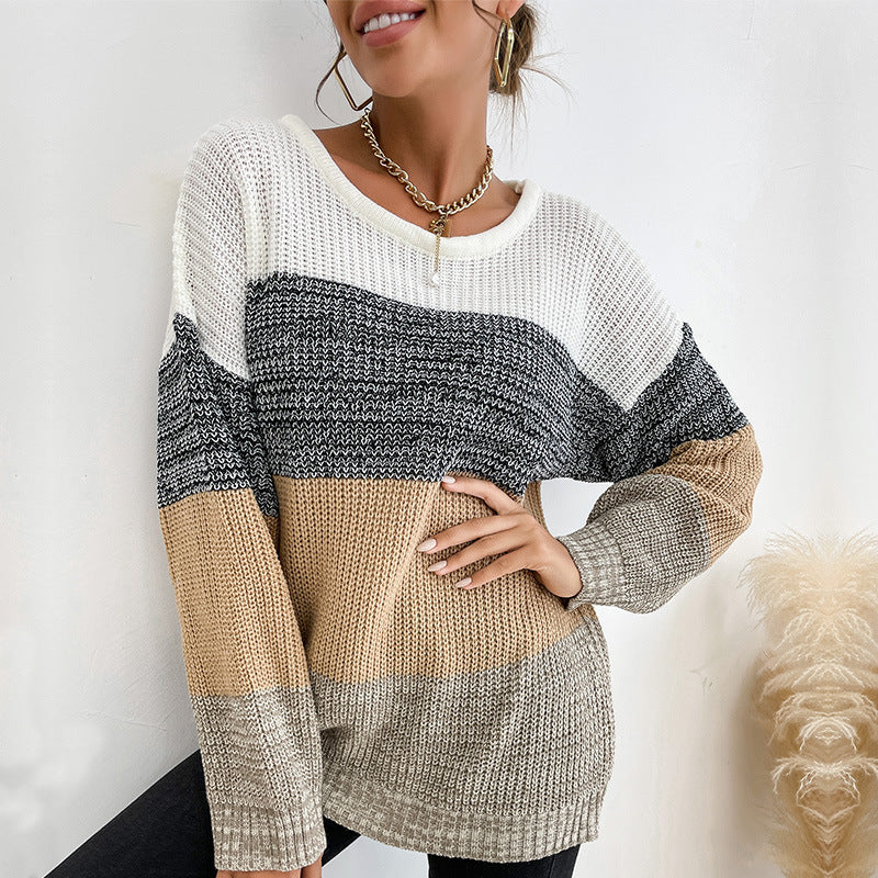Women Knitted Sweater Autumn and Winter Leisure Women's Loose Color Matching Long Sleeve Sweater