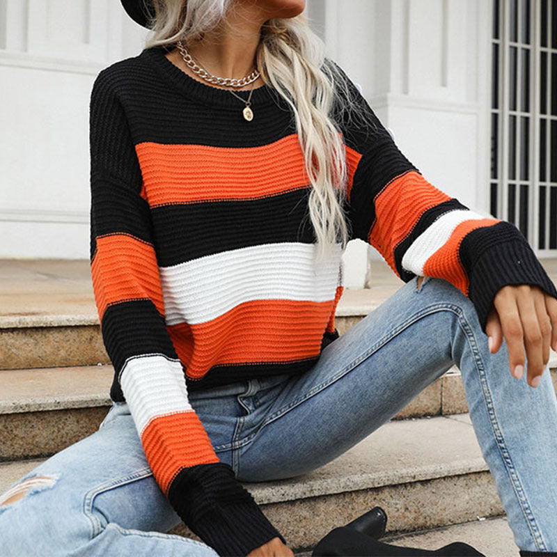 Women Knitted Sweater Thin Long Sleeve Loose Striped Sweater