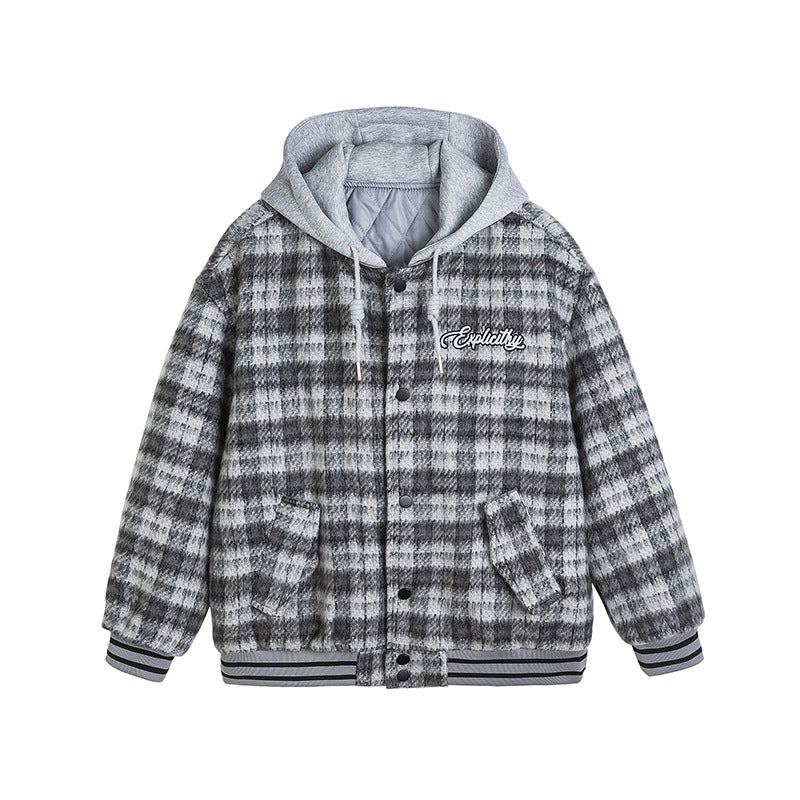 Unisex Winter Cotton Coat Winter Vintage Plaid Hooded Letters Baseball Uniform Jacket