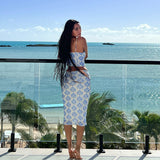 Women Dresses Summer Retro Style Slim-Fit Printed Skirt Two-Piece Suit (Bla0420)