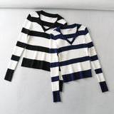 Women Sweater Knitwear Spring and Autumn Lapel V-neck Contrast Color Striped Slim-Fit Long-Sleeved Sweater Sweater