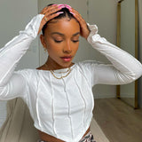 Women T-shirt Autumn Pleated Texture Pullover Long Sleeve round Neck