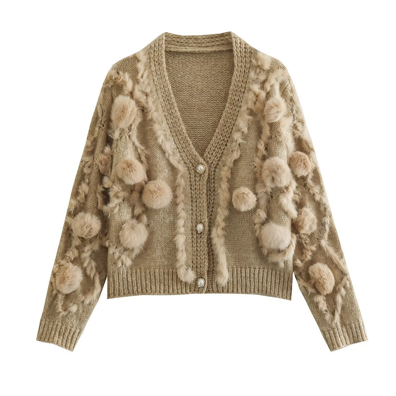 Women Sweater Knit Wear Three-Dimensional Fur Ball Long Sleeve Knitted Cardigan V-neck Sweater Coat