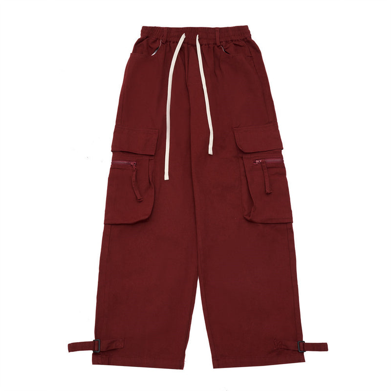Men Sweatpants Solid Color Zipper Multi-Pocket Cargo Pants