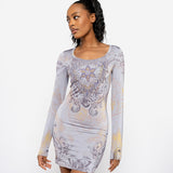 Women Dresse Printed Long Sleeve Narrow Dress round Neck Skirt