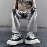 Men Jeans Gray Broken Hole Jeans Public Zipper Split Bootcut Trousers