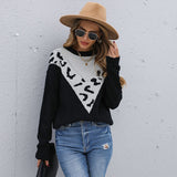 Women Knitted Sweater Autumn and Winter Leisure Leopard Print Contrast Color Long Sleeve Sweater