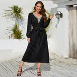 Women Date Dress Autumn and Winter V-neck Lace Pleated Lace-up Long Dress