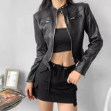 Women Leather Jacket Retro Short Slim-Fitting Biker Jacket Autumn Leather Coat Suede Jacket