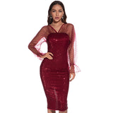 Women's Evening Gown Sexy Retro Mesh Long Sleeve Stitching Sequins Dress
