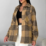 Women Trench Coat Winter Plaid Long Sleeve Shirt Loose Casual Shirt Coat
