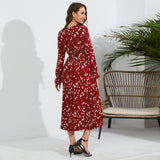 Women Date Dress Autumn and Winter Leisure Floral V-neck Long-Sleeve Dress