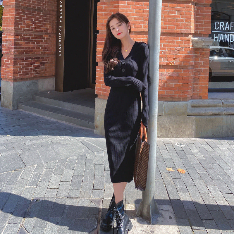 Women Maxi Dress Autumn and Winter V-neck Retro Knitted Sweater Dress