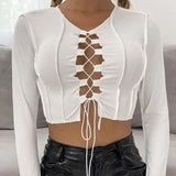Women T-shirt Hollow-out Short round Neck T-shirt Ribbed Long Sleeve Top
