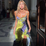 Women Dresses Autumn Printed Slim Fit Slit Backless Sling Dress