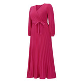 Women Date Dress V-neck Long Sleeve Pleated Dress
