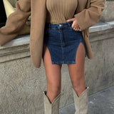 Women Dresses Summer Casual Slim Fit Skirt Sexy Slit Denim Skirt