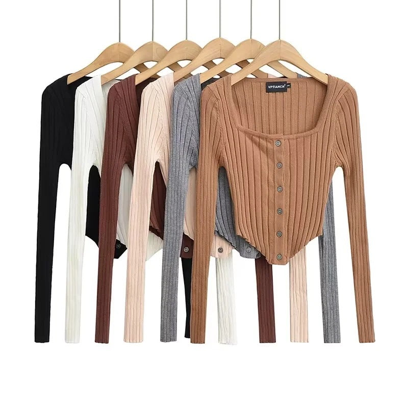 Women Sweater Knit Wear Square Collar Button Sweater Cardigan Top