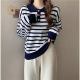 Women Knitwear Autumn and Winter Striped Polo Collar Knitwear Loose Retro Sweater