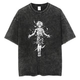 Summer Cotton Loose Washed Tops Tees Anime Print T-Shirt Men