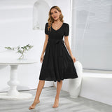 Women Date Dress V-neck Pleated Lace-up Dress