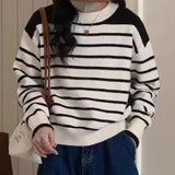 Women Knitted Pullover Autumn and Winter Loose Casual Striped Button Sweater Sweater