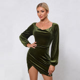 Women Dress Autumn and Winter Puff Sleeve Sexy Velvet Banquet Dress