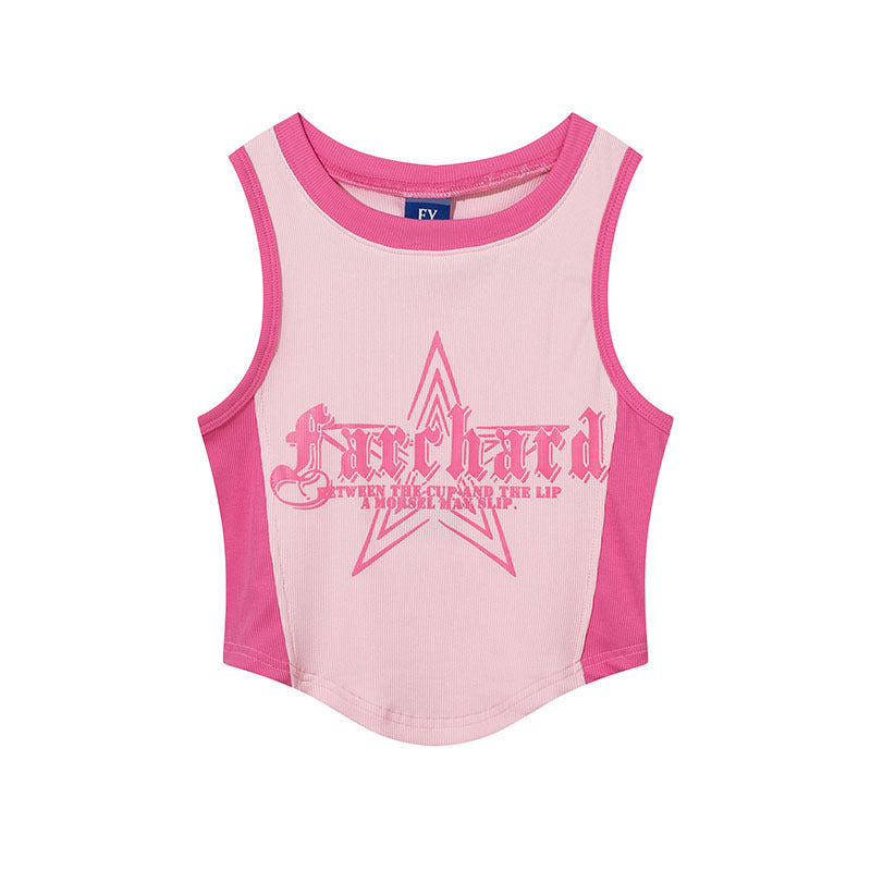 Women Vest Vintage Vintage Printing Color Contrast Sleeveless T-shirt