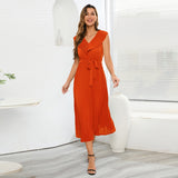 Women Date Dress Chiffon Pleated Dress Slim Fit Elegant Solid Color V-neck Dress
