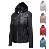 Red Leather Jacket Fleece-Lined Women's Leather Jacket Women's Hooded Autumn and Winter Short Coat Casual Women's Jacket