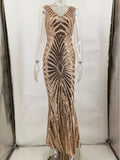Women Evening Gown Sexy V-neck Vintage Party Sequins Dress