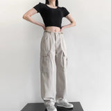 Women Sweatpants Multi-Pocket Casual Working Pants Women Loose Straight-Leg Wide-Leg Pants