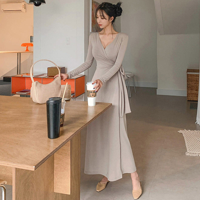 Women Dresses V-neck Bow Long Sleeve Dress