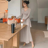Women Dresses V-neck Bow Long Sleeve Dress