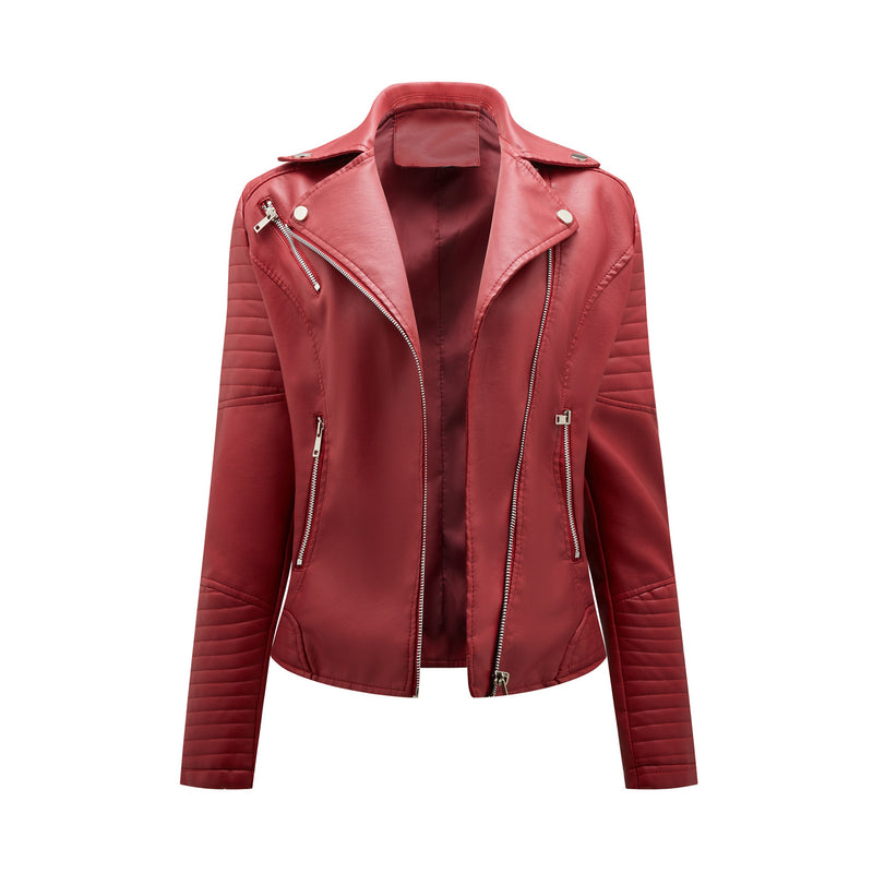 Red Leather Jacket Short Spring and Autumn Leather Slim Lapel Motorcycle Clothing