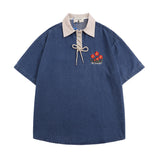 Men T Shirt Summer Embroidered Denim Lapel Polo Shirt