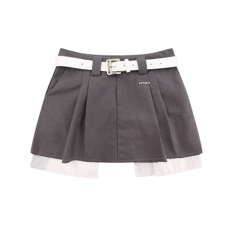 Women Skirt Pleating Suit Skirt with Belt Leisure A- line Skirt