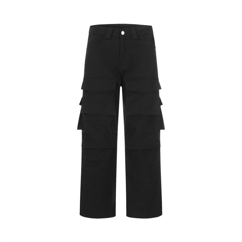 Men Sweatpants Multi-Pocket Cargo Pants Men's Straight Wide-Leg Pants Black Color & Pleats Pants Retro Loose Casual Pants