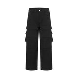 Men Sweatpants Multi-Pocket Cargo Pants Men's Straight Wide-Leg Pants Black Color & Pleats Pants Retro Loose Casual Pants