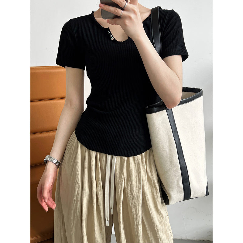 Women T Shirt Retro Short Sleeve T-shirt Women's Summer Button V-neck Bottoming Shirt