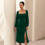 Women Dress Autumn and Winter Elegant Square Collar Puff Sleeve Dress