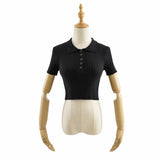 Women Sweater Knitwear Vintage Polo Lapel Single Breasted Thread Exposed Navel Knitted T-shirt