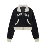 Women Jacket Letter Affixed Cloth Embroidered Short Coat Autumn Leisure Lapel Color Matching Zipper Cardigan Jacket