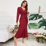 Women Date Dress Knitted Long Sleeve V-neck Lace-up Fishtail Skirt