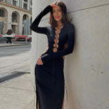 Women Dresses Autumn Sexy Hollow out Tied Slim Fit Long Sleeve Dress