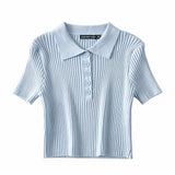 Women Sweater Knitwear Vintage Polo Lapel Single Breasted Thread Exposed Navel Knitted T-shirt