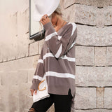 Women Knitted Sweater Autumn Stripes V-neck Pullover Sweater