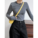 Women T Shirt Striped Long-Sleeved T-shirt Spring Slim-Fitting Bottoming Shirt for Women