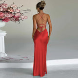 Women Dresses Spring Sexy V-neck Backless Self-Tie Slit Dress